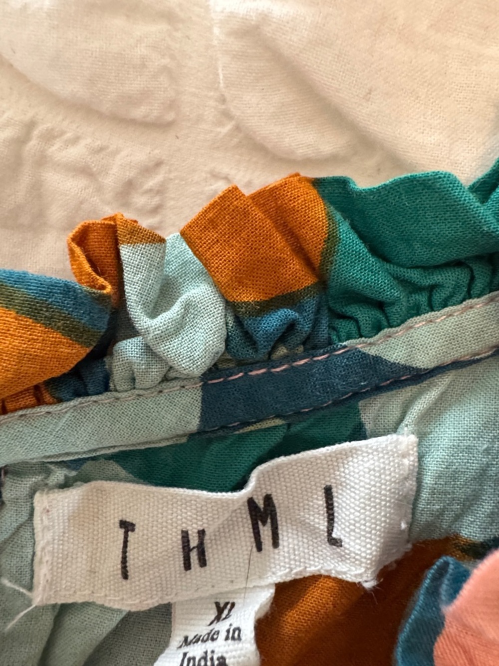 THML Multicolor Abstract Smocked Dress in Teal, Pink & Mustard - Picture 2 of 6